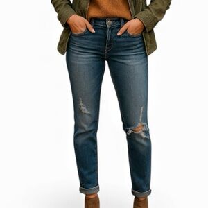 American Eagle Straight Stretch Jeans Sz 6 Long Distress Medium Light Wash Denim